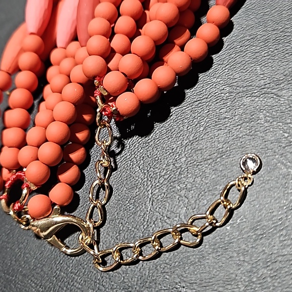 Coral 🎄 Pink Multi Strand Beaded Necklace with Clear Rhinestone - Picture 3 of 6